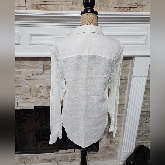 Elie Tahar white green purple floral linen women's button down shirt size medium - Picture 4 of 8